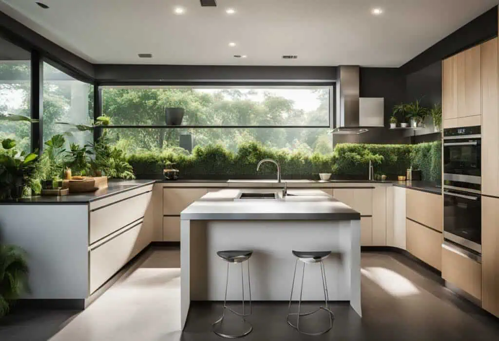 Outdoor kitchen with sleek cabinetry and large window for natural light.
