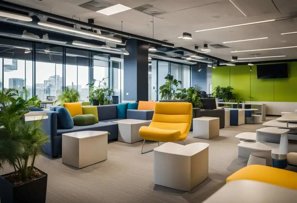 Bright Facebook office interior featuring colorful lounge chairs and large windows for a lively work.
