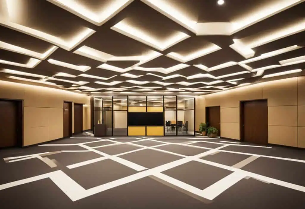 Stylish false ceiling design in a modern office cabin with geometric patterns and ambient lighting.