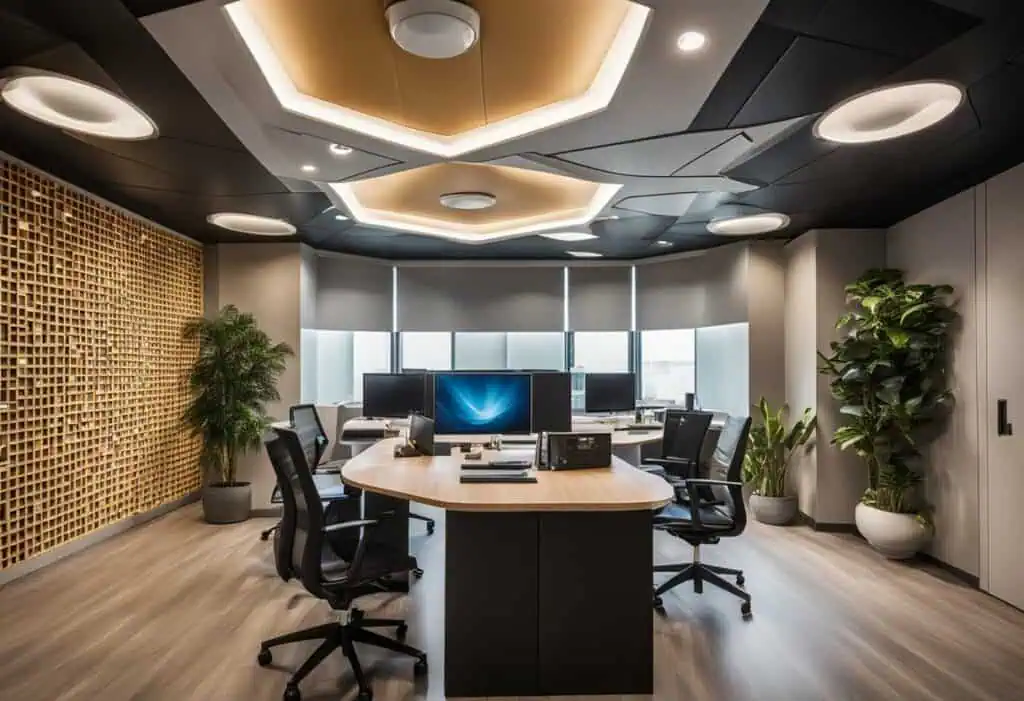 False ceiling design enhances office aesthetics and lighting. Perfect for small office revamps, crea.