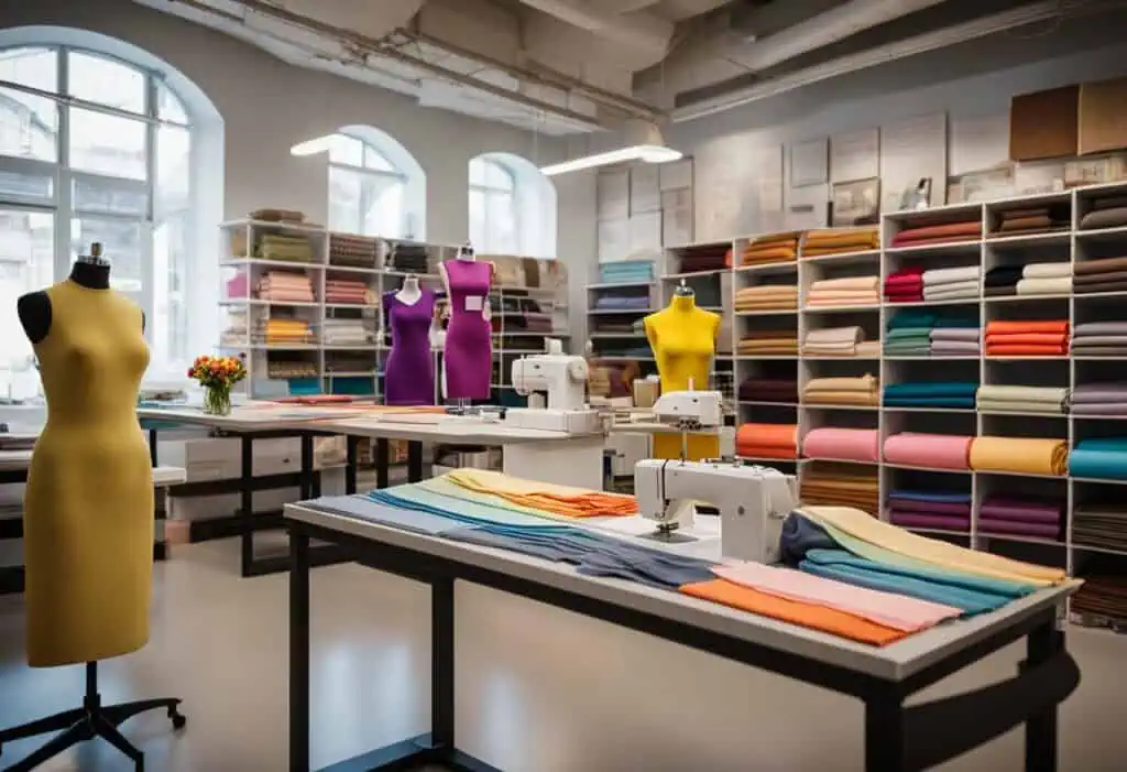 Designer workspace with mannequins and fabric shelves showcasing modern fashion trends.