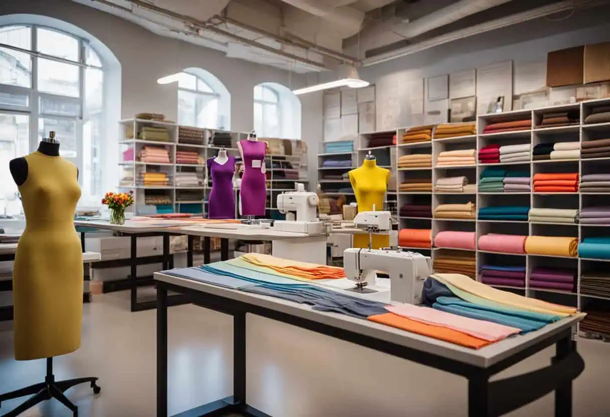 Designer workspace with mannequins and fabric shelves showcasing modern fashion trends.