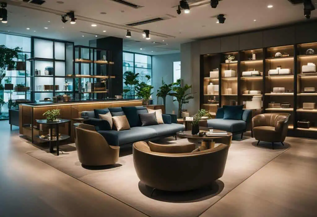 Luxurious furniture arrangement featuring sofas and chairs in a contemporary showroom setting.