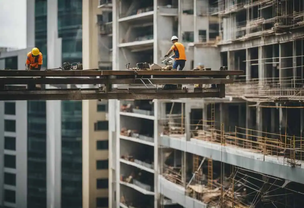 Construction workers on a high-rise building site in Singapore.