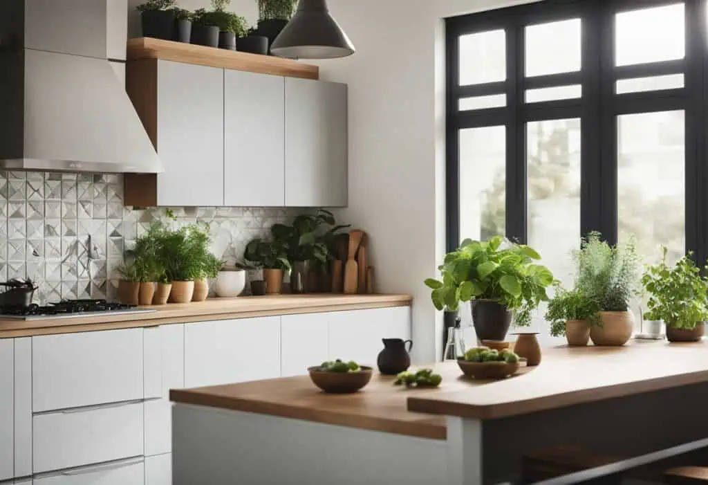 Elegant Feng Shui kitchen with natural light and lush greenery for balanced energy.