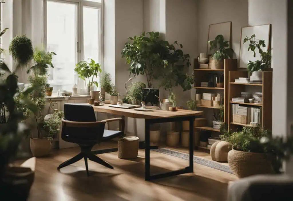 Bright office space with lush indoor plants enhancing energy flow.