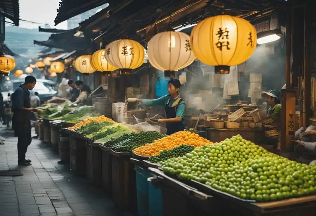 Vibrant fresh fruits display at Fengshan Market during community renovation.