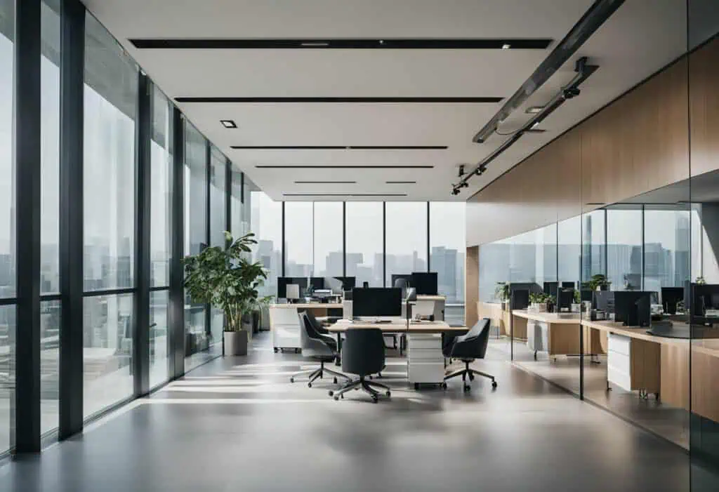 Modern fintech office with open layout, glass walls, and ergonomic desks for a collaborative work en.
