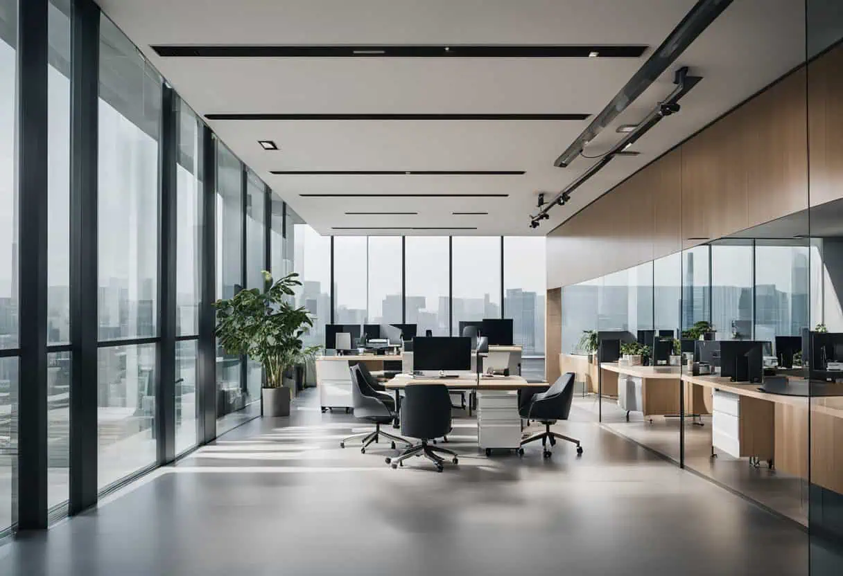 Modern fintech office with open layout, glass walls, and ergonomic desks for a collaborative work en.