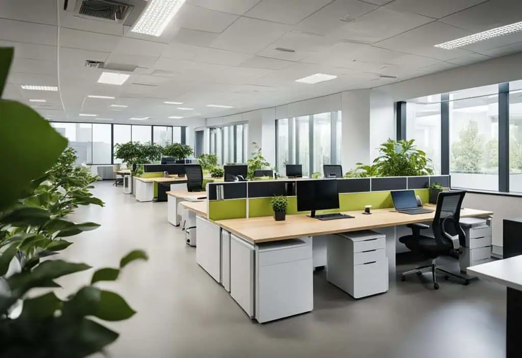 Bright, open-plan office with flexible desks and greenery for productive workspaces.