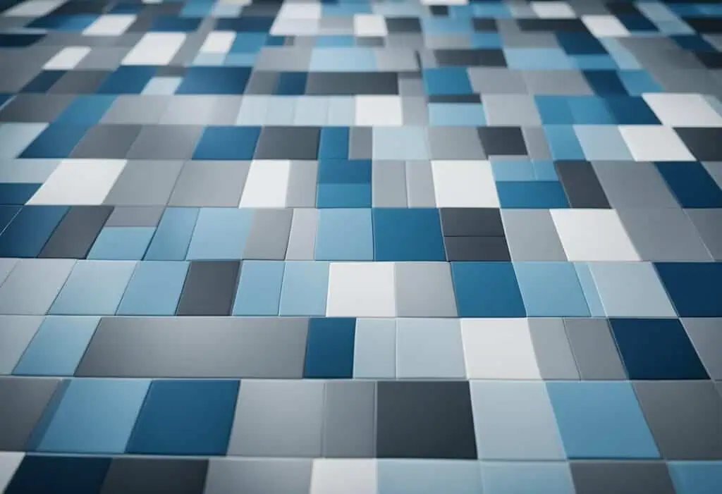 Office carpet with geometric pattern in blue, gray, and white for stylish workspace decor.