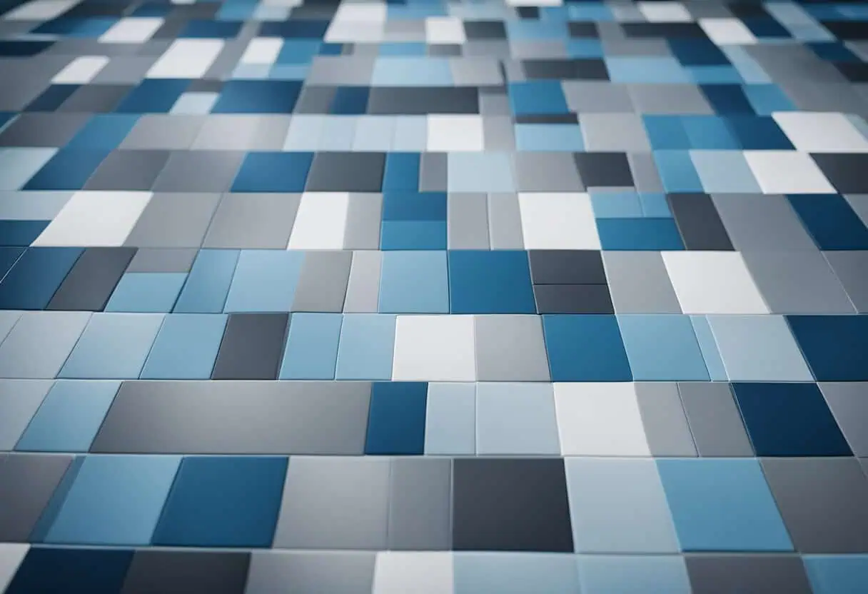 Office carpet with geometric pattern in blue, gray, and white for stylish workspace decor.
