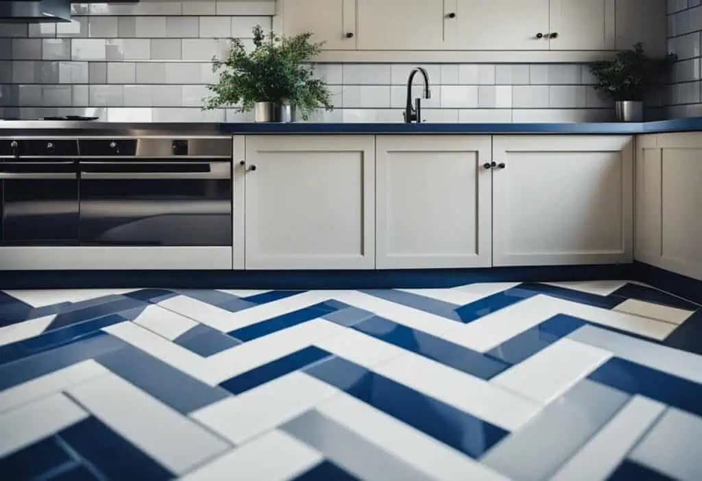 Stylish blue and white herringbone kitchen floor tile design for modern renovations.