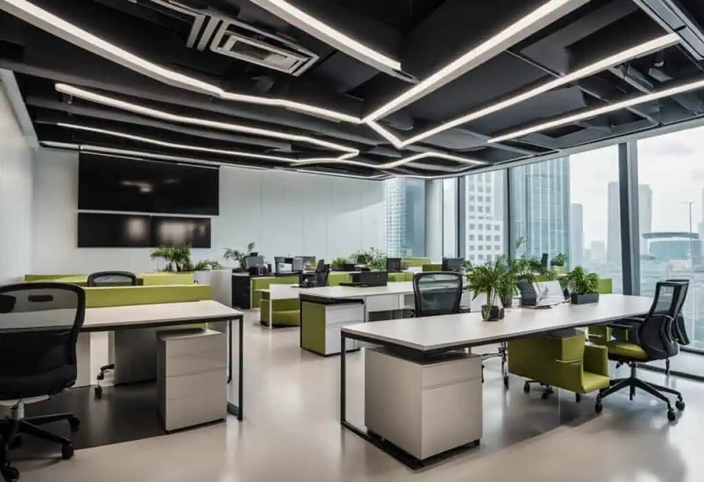 Contemporary office with ergonomic desks, comfortable chairs, and vibrant green accents, perfect for.