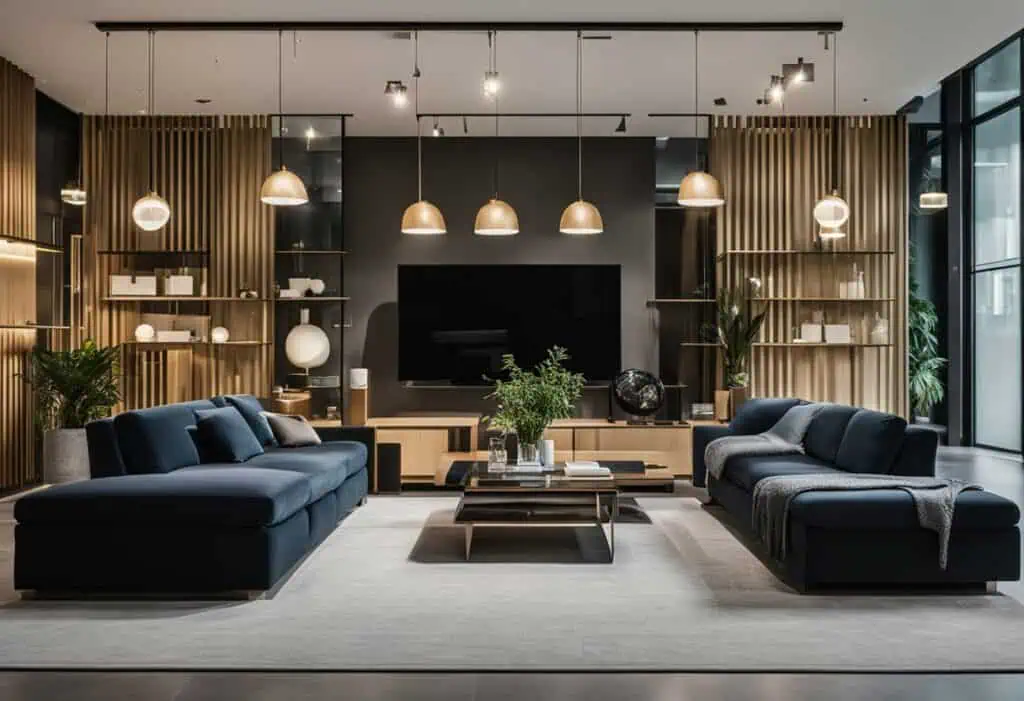 Stylish living room featuring contemporary furniture, sleek design, and ambient lighting for a sophi.