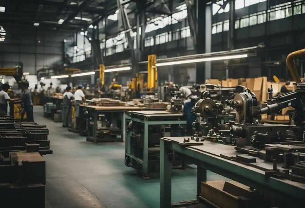 Industrial furniture manufacturing workshop in Singapore with machinery and workers.