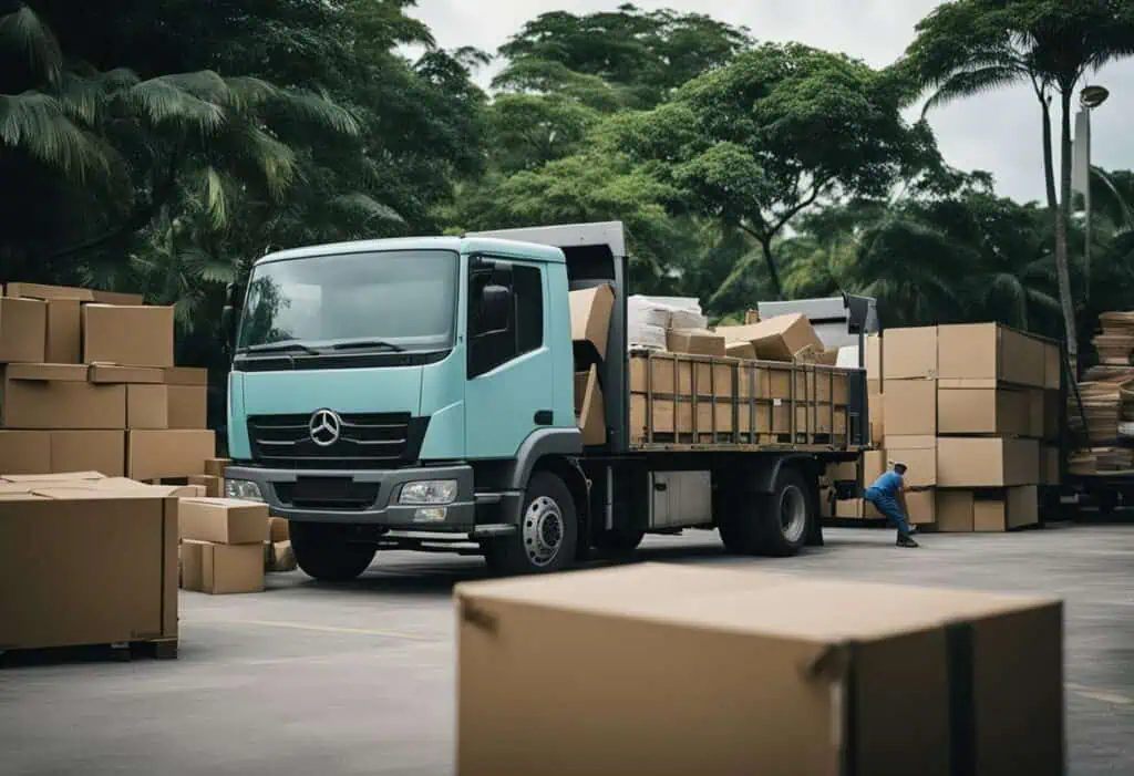 Furniture disposal truck unloading boxes in Singapore.