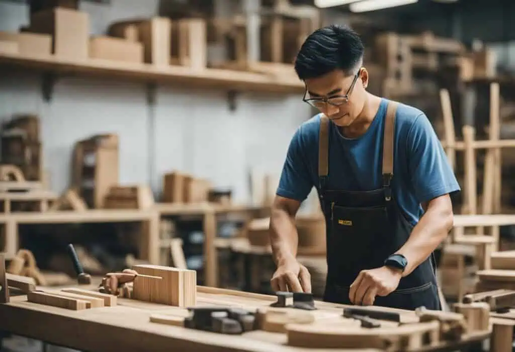 Skilled carpenter working on custom wood projects in Singapore workshop.