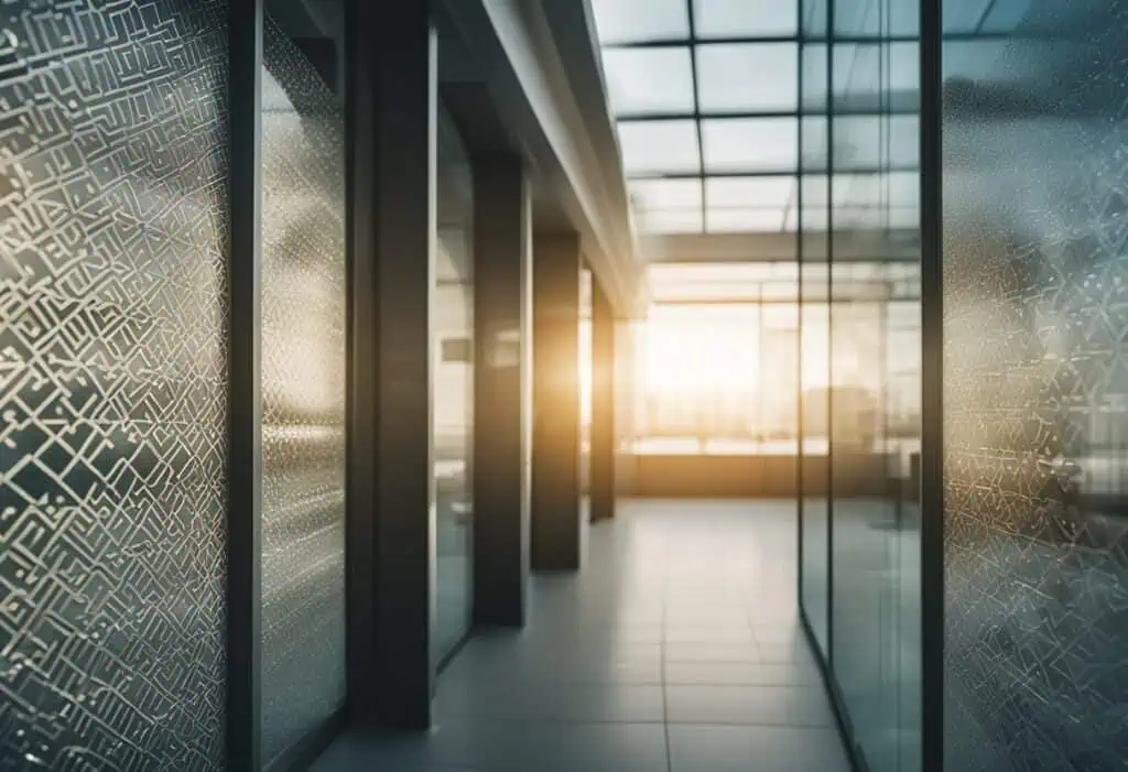 Modern frosted glass design patterns for office space aesthetics.
