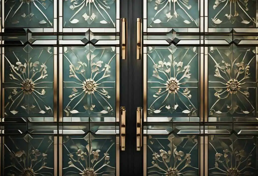 Frosted glass cabinet doors with floral designs and gold hardware for stylish kitchen décor.