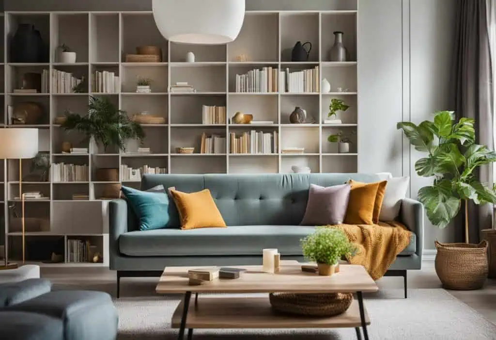 Elegant modern sofa with colorful cushions in contemporary home setting.