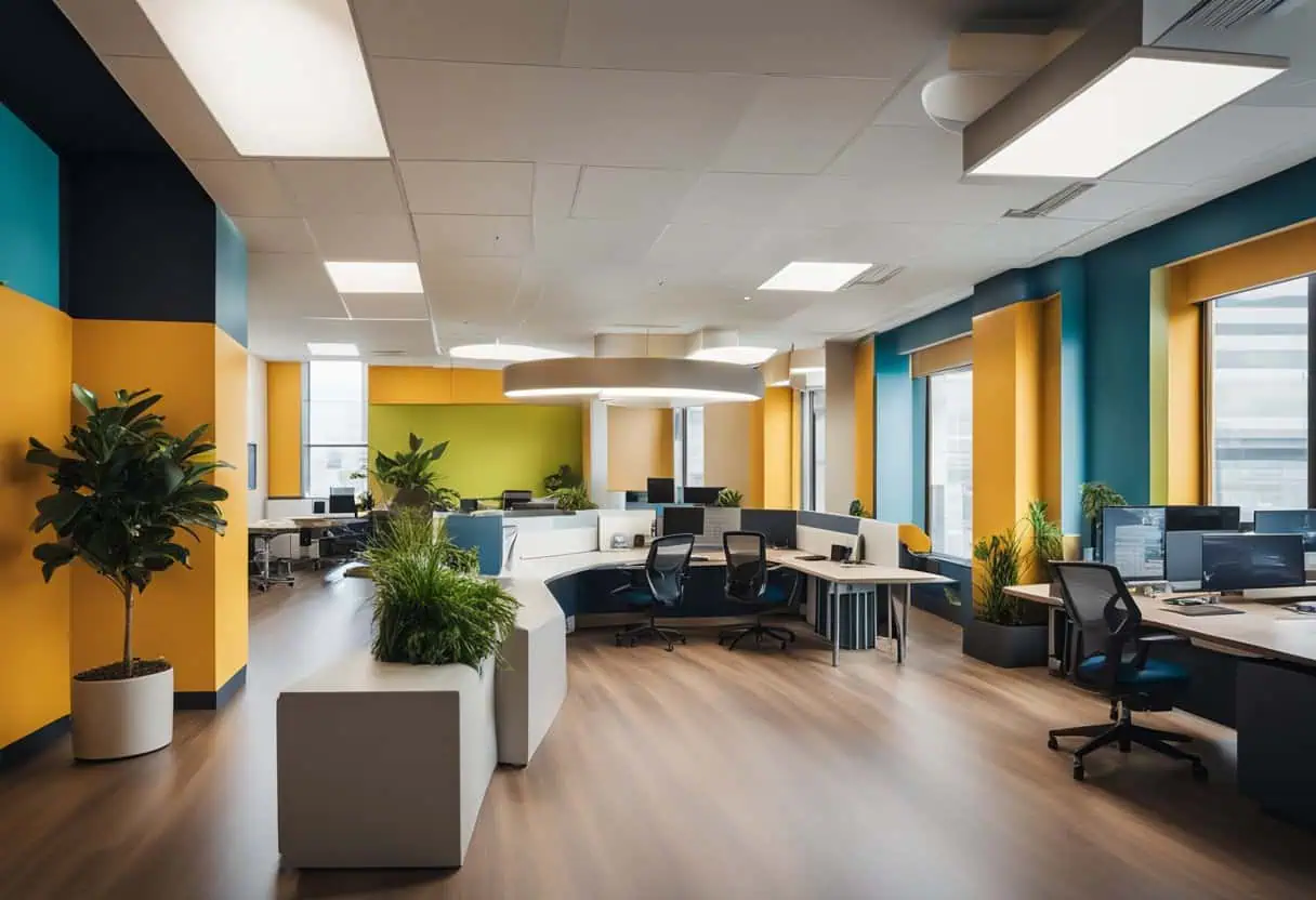 Bright, colorful office interior designed to enhance productivity and employee well-being. Spacious.