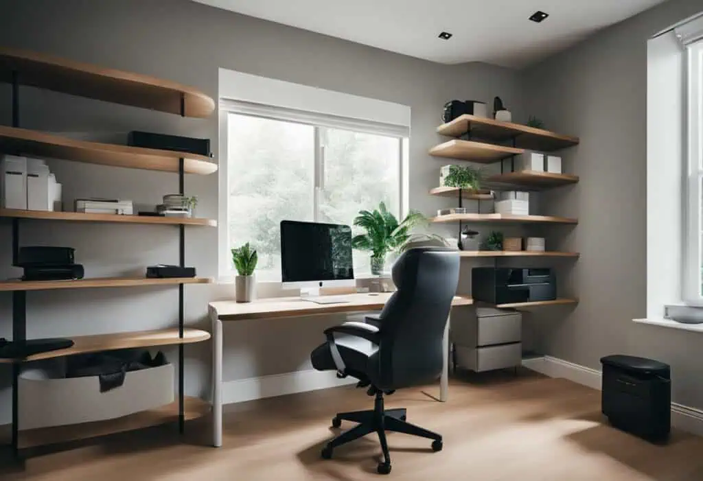 Home office setup with shelves, desk, and ergonomic chair for productivity.