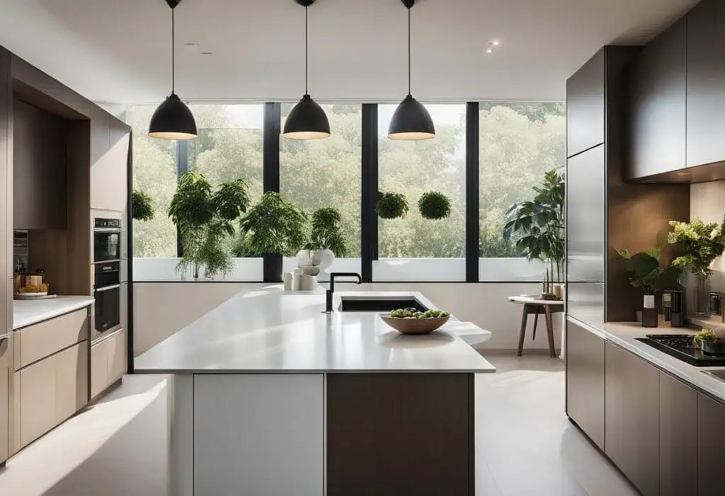 Bright, functional kitchen design featuring sleek cabinetry and ample space for cooking and socializ.