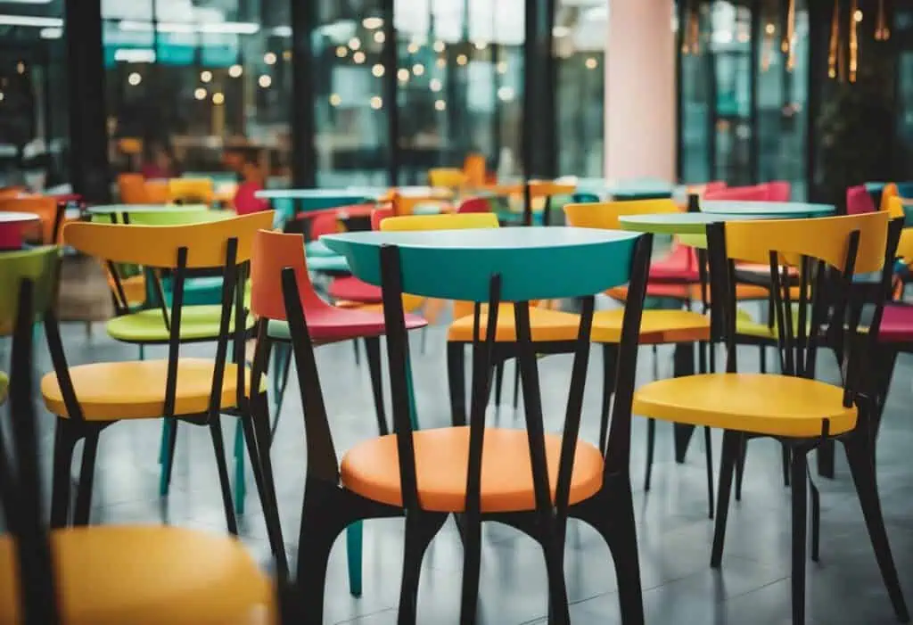 Brightly colored modern dining chairs in a stylish restaurant setting in Singapore.