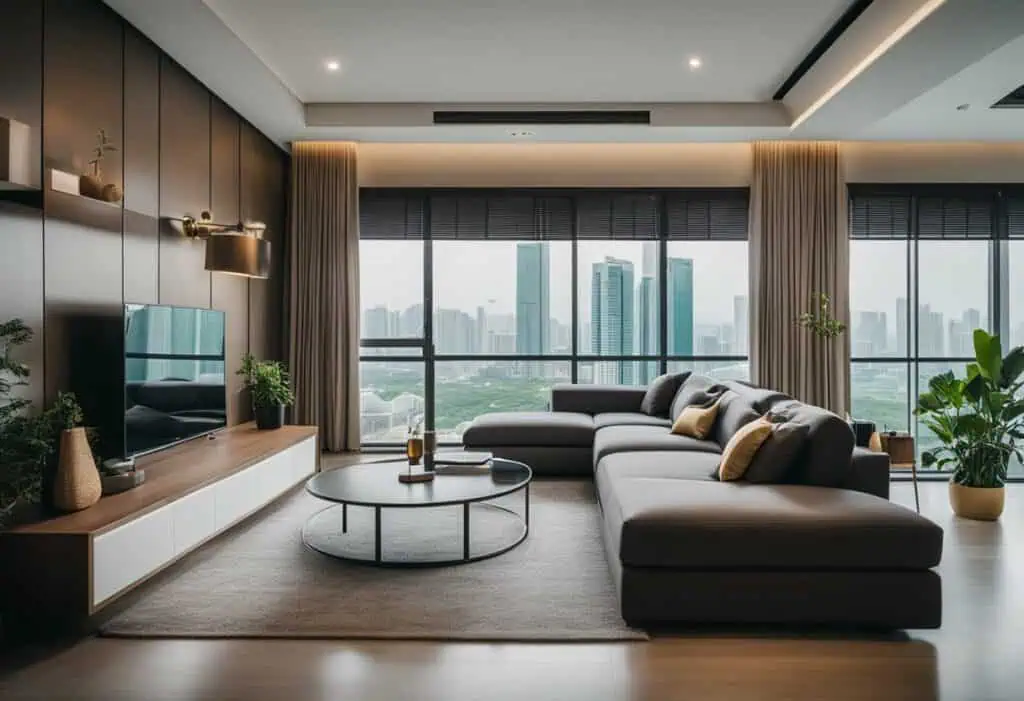 Modern living room with stylish furniture and large windows showcasing a city skyline. Perfect for c.
