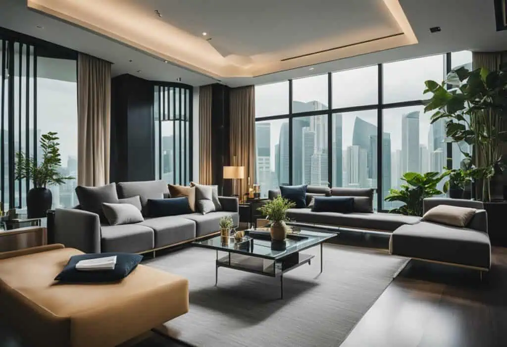 Elegant modern living room with large windows and city skyline view.