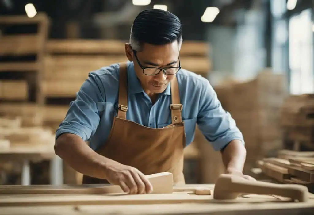 Skilled woodworker shaping furniture in a modern workshop, emphasizing craftsmanship and quality.