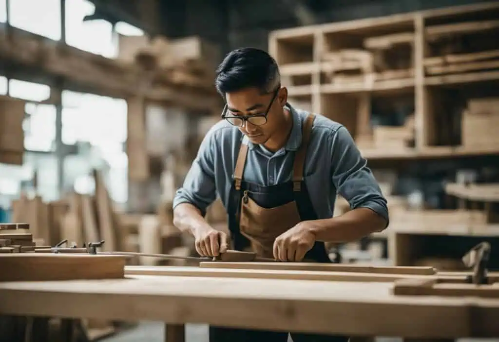 Skilled carpenter working on custom furniture in a woodworking shop.