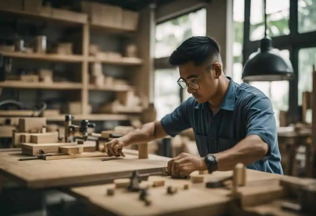 Skilled furniture carpenter crafting bespoke wooden pieces in Singapore workshop.