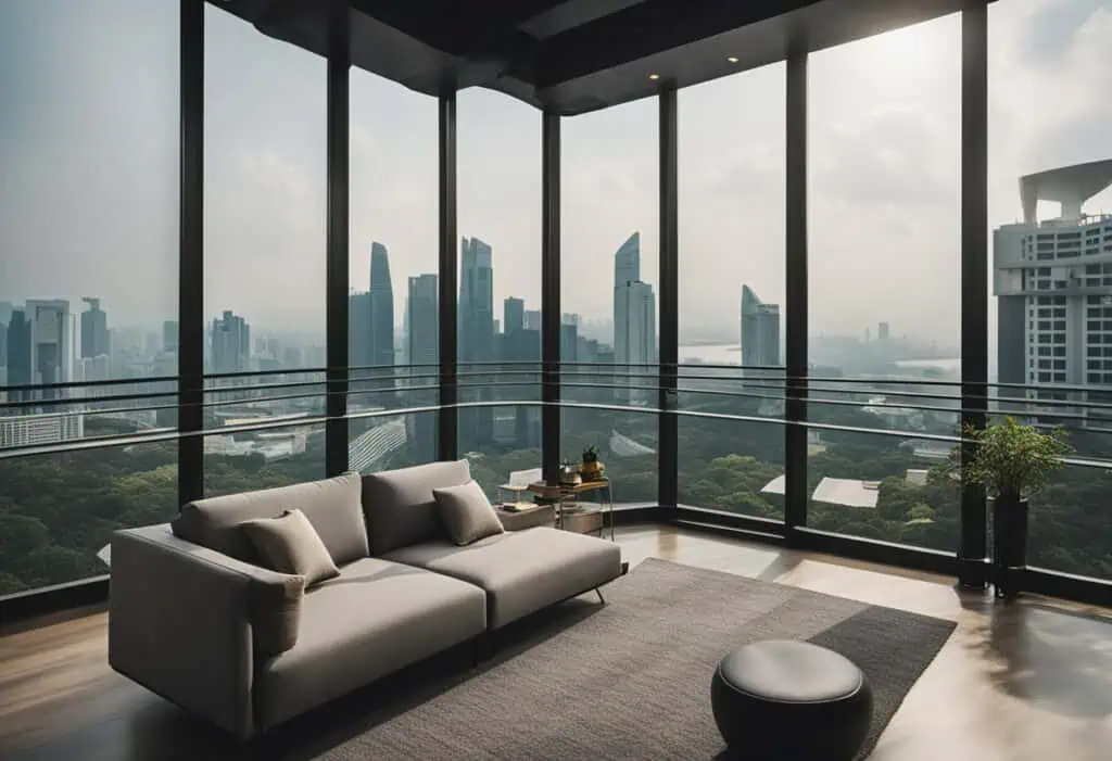 Elegant furniture deck loft Singapore with panoramic city skyline views.