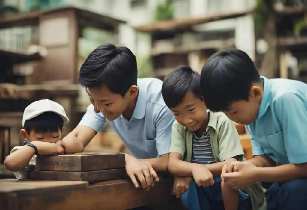 Children exploring wooden furniture at a donation center in Singapore.