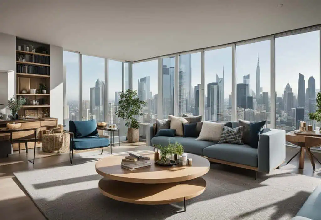 Modern living room with large windows showcasing Singapore skyline. Stylish furniture and cozy decor.