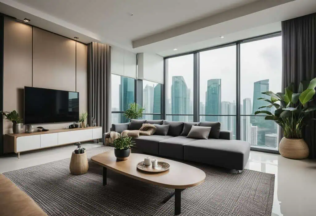 Stylish living room with large windows and city skyline backdrop.