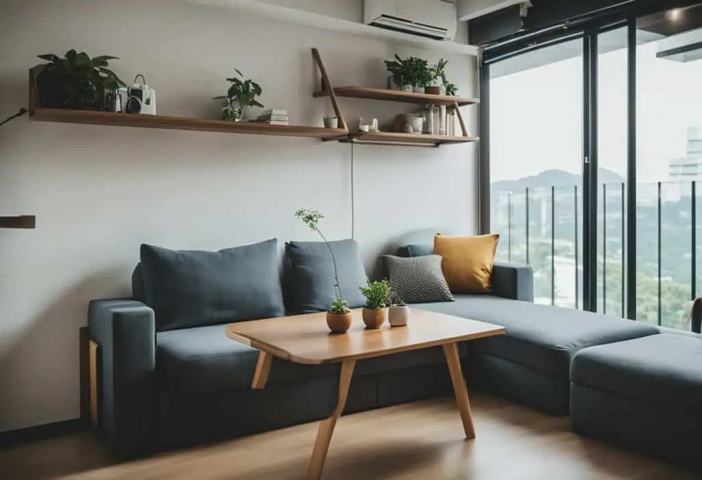 Stylish compact sofa with decorative cushions in a cozy, minimalist apartment.