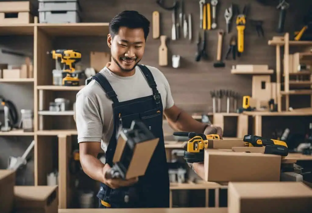 Handyman assembling furniture with power tools in a well-organized workshop.