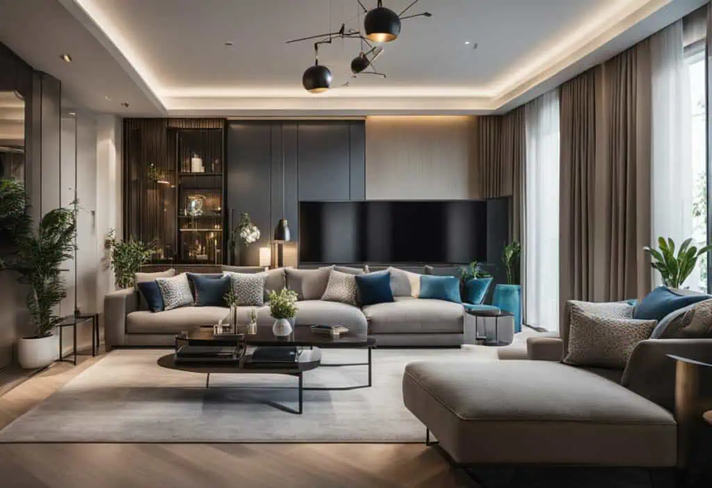 Elegant modern living room with comfortable sofa, coffee table, and ambient lighting.