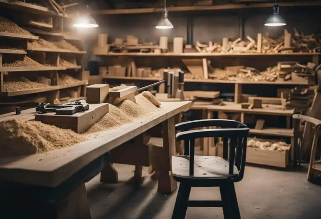 Interior of a woodworking workshop with furniture pieces and tools in Singapore.