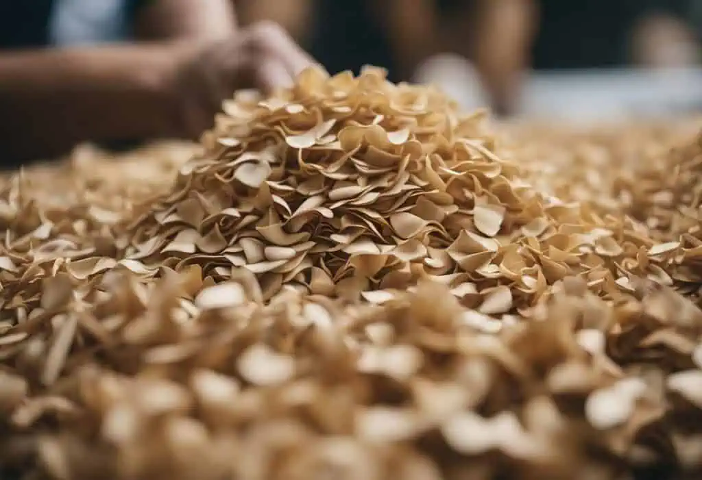 Wood shavings used in furniture making workshop in Singapore, highlighting craftsmanship and woodwor.