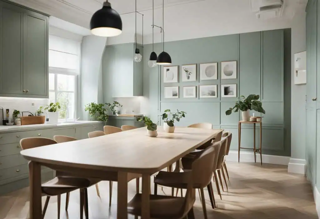 Green kitchen cabinets and dining table in a stylish, contemporary space.