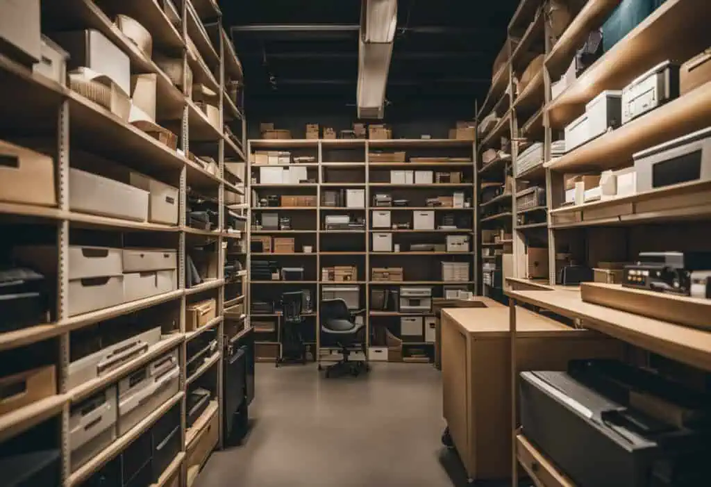 Storage shelves filled with organized boxes in a modern warehouse setting.