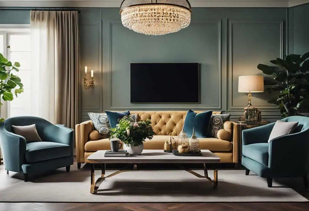 Upholstered sofa and armchairs in a modern, sophisticated living room setting.