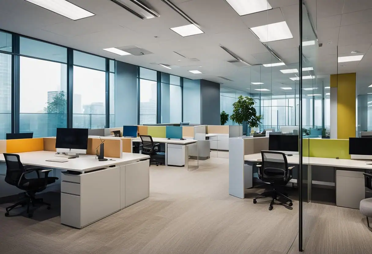 Contemporary office design with open workstations and glass walls for productivity.