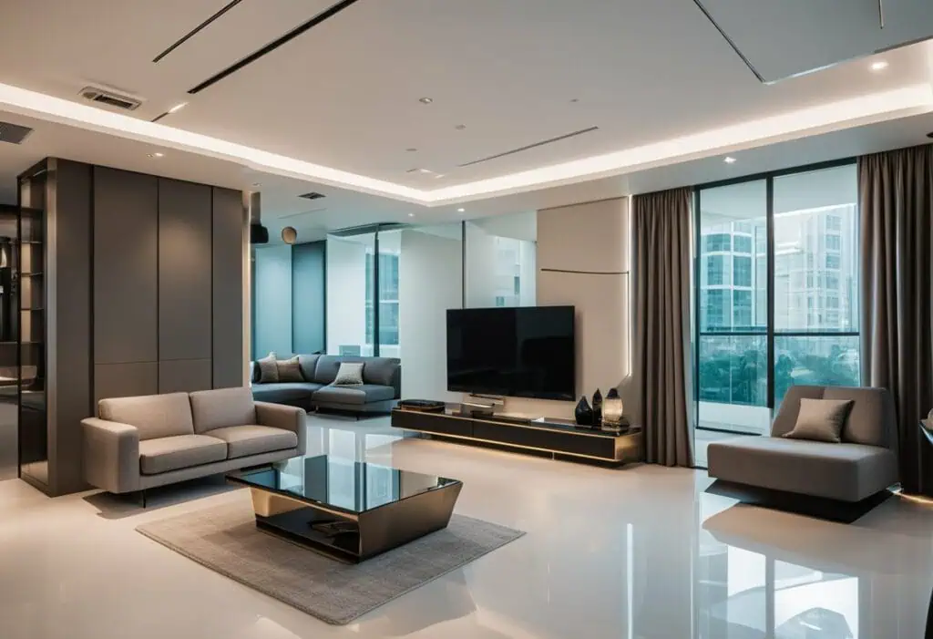 Stylish modern living room with sleek furniture and large windows in Singapore.