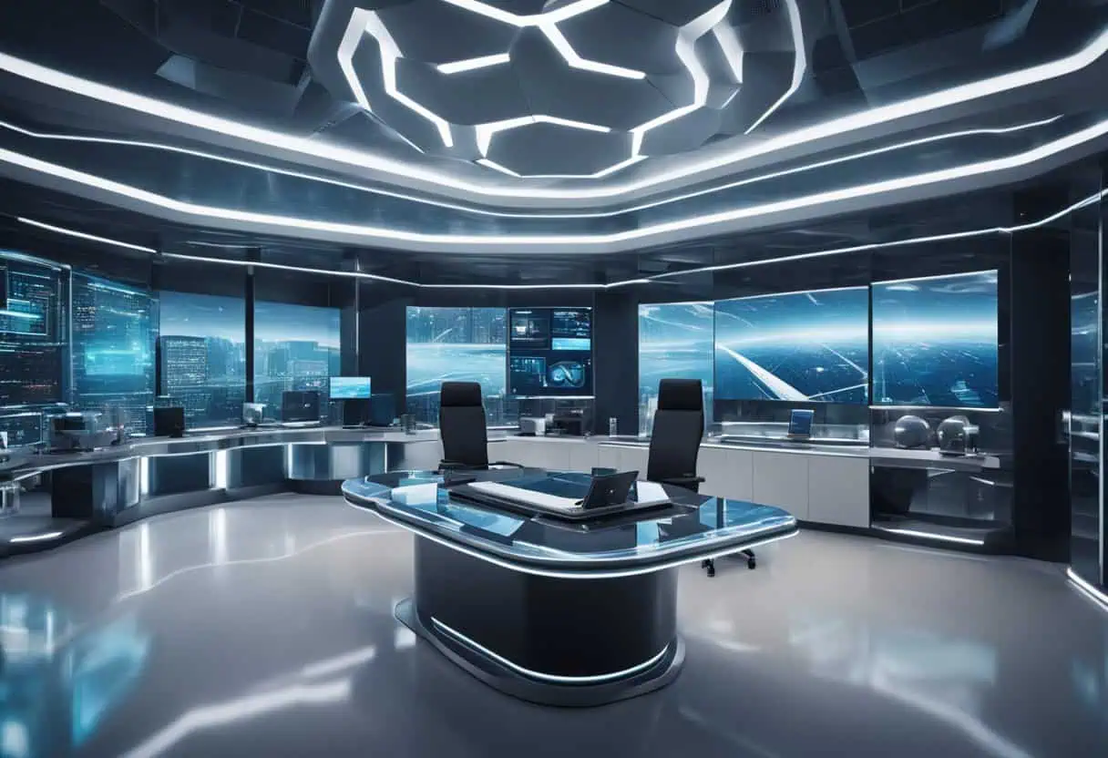 Modern high-tech office with sleek furniture and advanced digital displays.