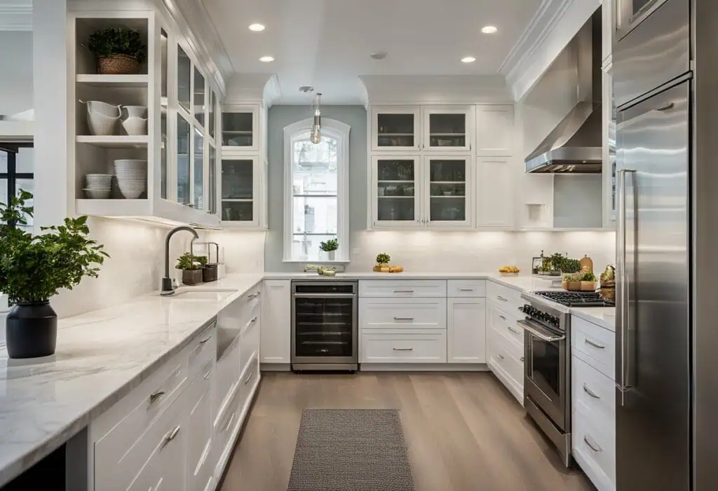Modern white galley kitchen with sleek cabinetry and stainless steel appliances.